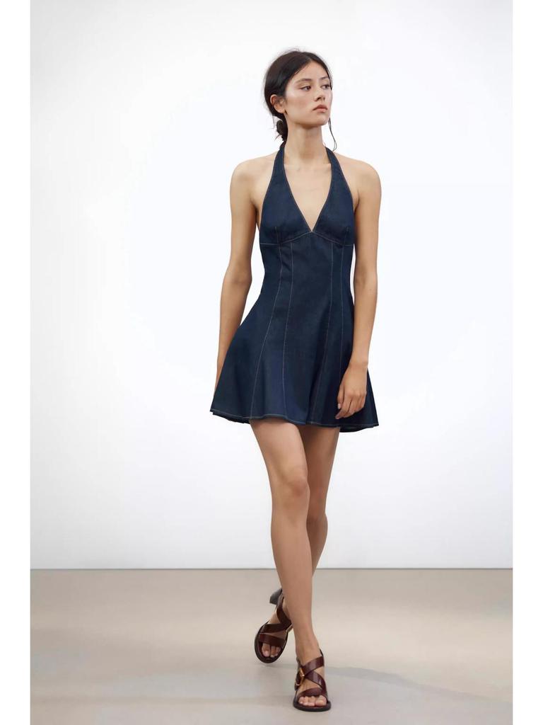 European & American Style Sexy Deep V-Neck Halter Denim Dress - Slim Fit Short Skirt for Women