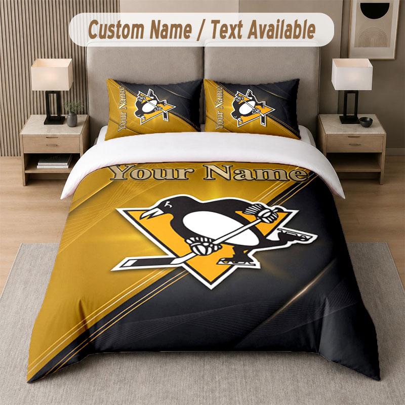 Custom Bedding Set Pittsburgh Penguins Pattern, Print Name Text 1 Duvet Cover Plus 2 Pillowcases Home Textile