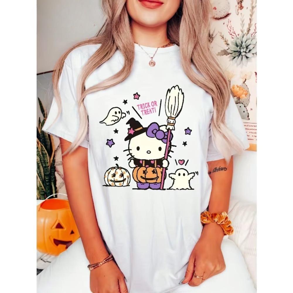 Hello Kitty HalloweenThemed TRICK Magic Print Round Neck OnePiece Summer ShortSleeve TShirt Vintage TShirt Cotton S