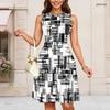 Women Plus Size Round Neck Sleeveless Red Black Printed Gathered Waist A Line Dress