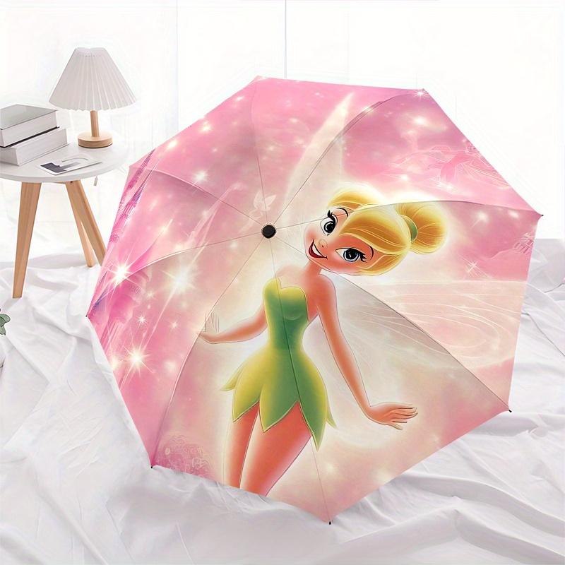 Disney Tinkerbell, Tinker Bell Automatic Open/Close Fashion Umbrella - Cute Umbrella with Cute Design, Portable 3-Fold Compact Umbrella for