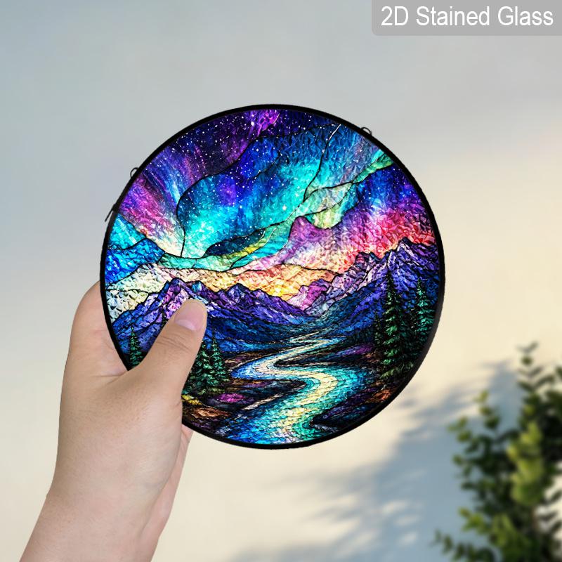 1pc 2D Flat Landscape Stained Glass Suncatcher, 6.3/7.87 Inch Starry Night Mountain Stained Glass Suncatcher, Home Decor, Garden Windocw Decor