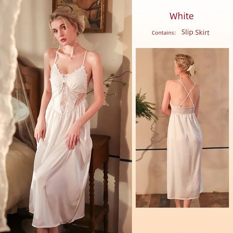 

New Sexy Lace Satin Nightdress/Cut Out Suspender Dress Bridal Clothes/Seductive Private Room Dating Pajamas Homewear White L