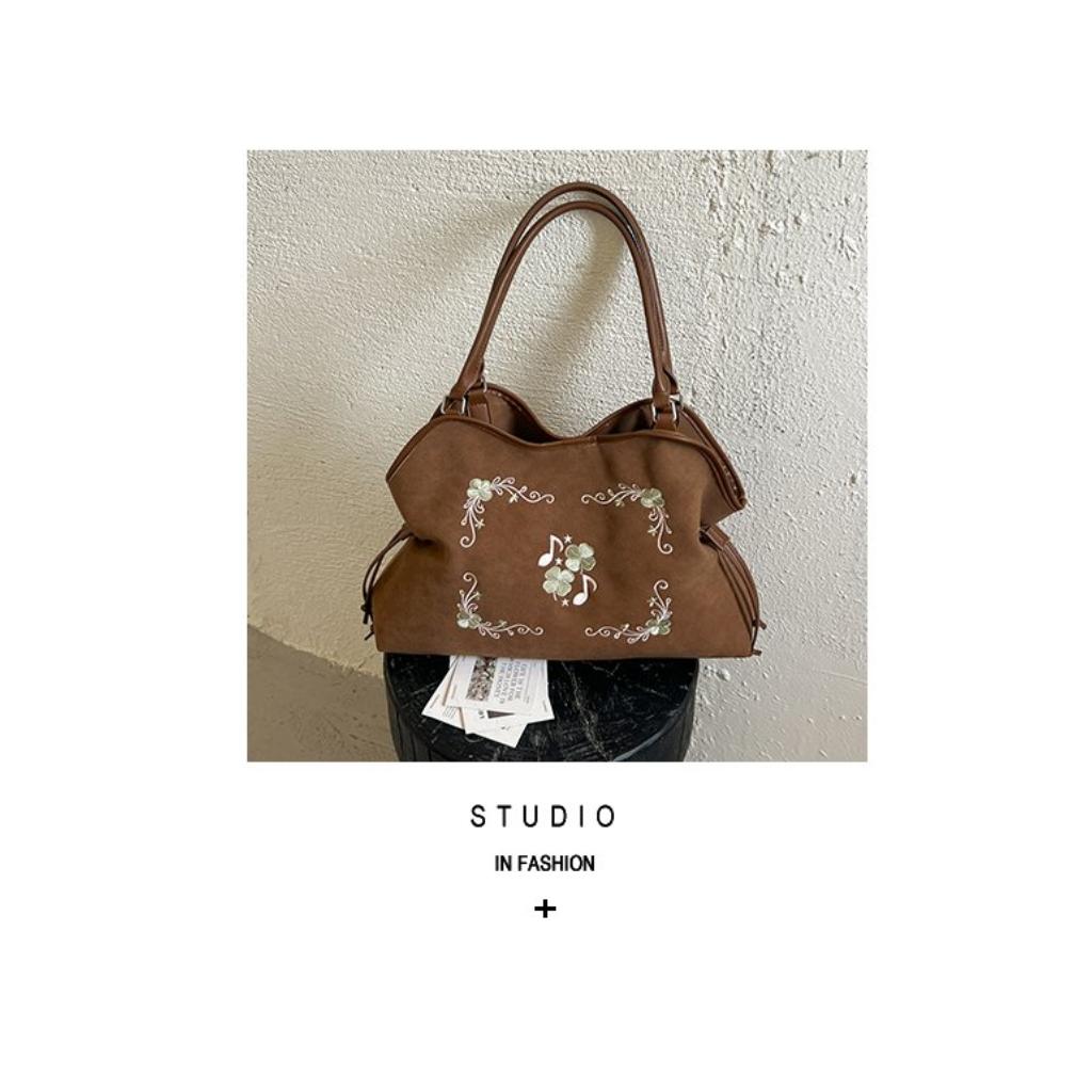 Hobo Bag Women Faux Leather Large Capacity Embroidered Drawstring Daily Commute