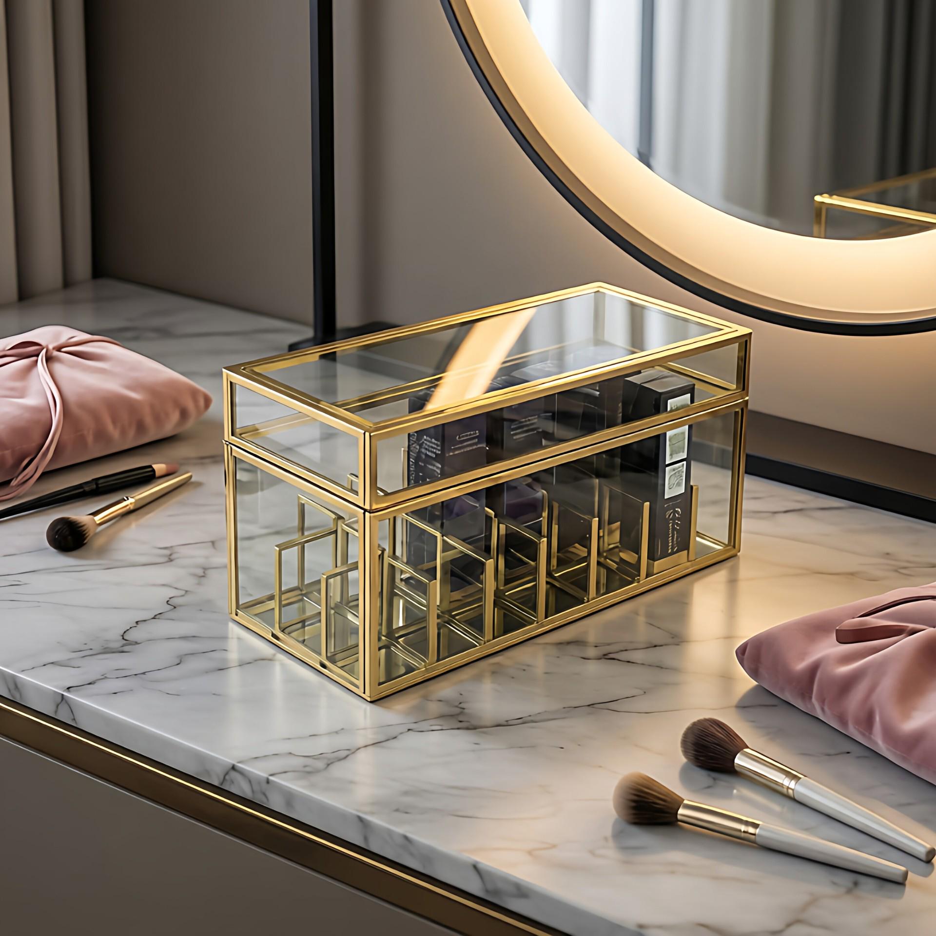 

Portable Large-Capacity Makeup Brush & Lipstick Storage Box with Multi-Compartment, Dustproof Glass Lid, Anti-Oxidation Protection