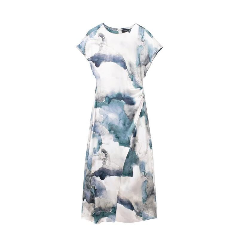 

European American Women s Clothing Fashionable Sleeveless Round-collar Printed Silk Satin Dress S
