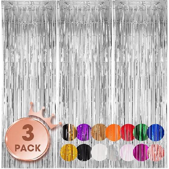 3 Pack 3.3x8.2 Feet Gold Foil Fringe Backdrop Curtains, Tinsel Streamers, Fringe Backdrop for 2025 New Years Eve, Graduation, Birthday, Baby Shower,