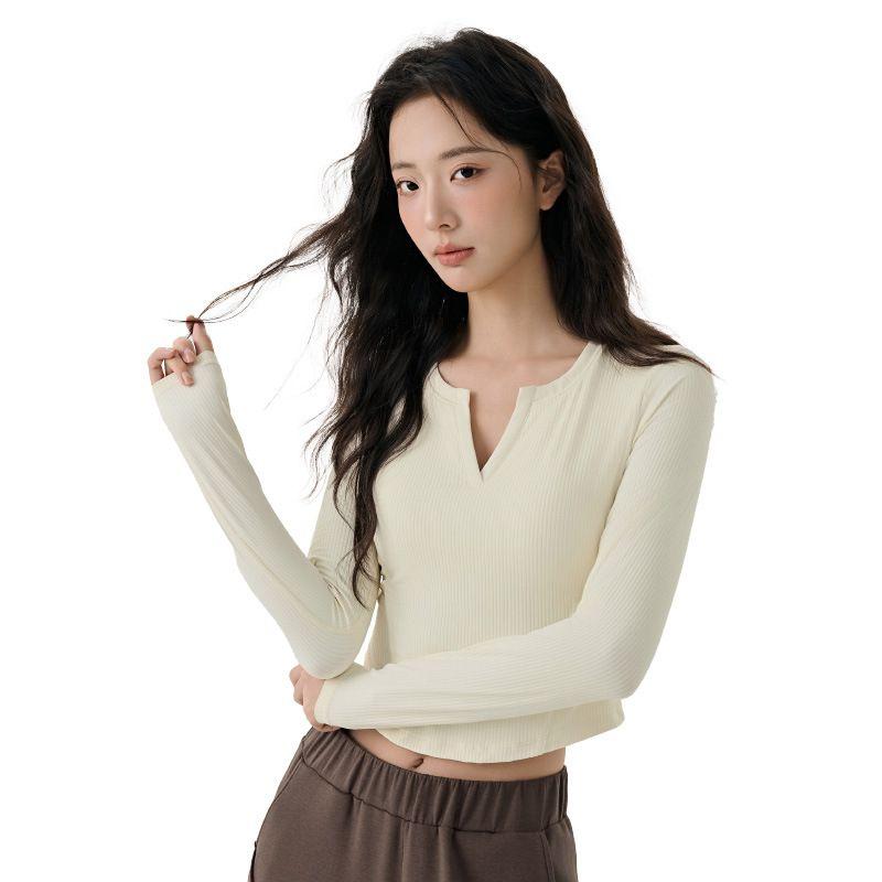 Lu Same Yoga Clothes Long Sleeves Women's Fixed Cup Rib Silm Slim Looking Sports T-Shirt Fitness Pilates Training Wear