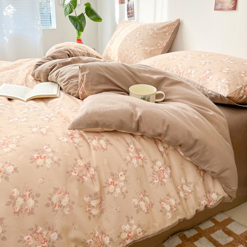 Soft Cotton Double Gauze Bedding Set 4PCS Small Fresh Floral Print Twin Queen King Beds