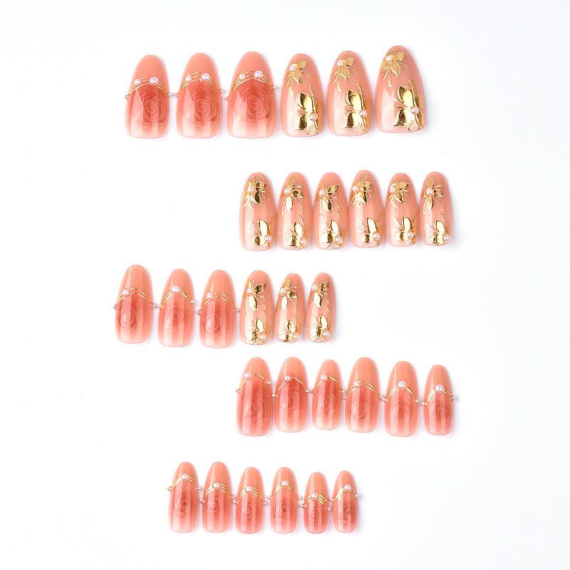30-Piece Pink Rose Gilded Pearl Flower Nail Art Tips - Valentine's Day Handmade Almond Wearable Nails