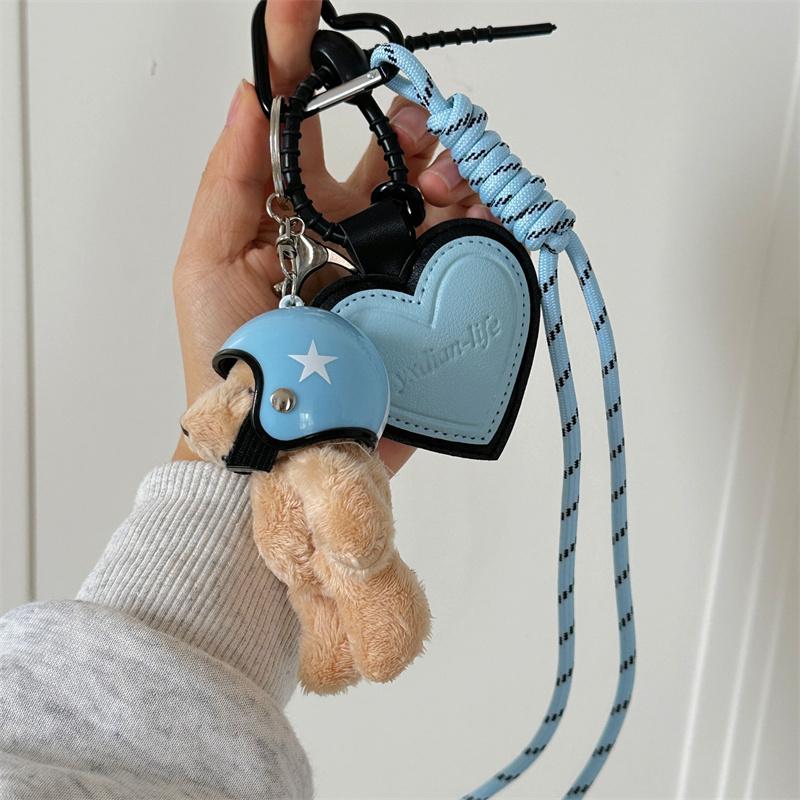 Ciondolo a forma di orso con elmetto carino, fai da te, portachiavi per auto, decorazione con corda intrecciata, appeso, portachiavi per cellulare, borsa, accessori