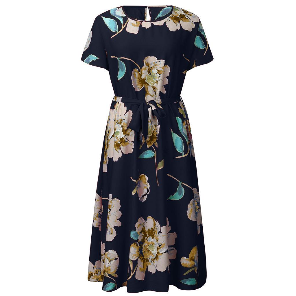 Women's Plus Size Printed Midi Dress - Round Neck, Short Sleeve, Waist-Cinched, European American Style