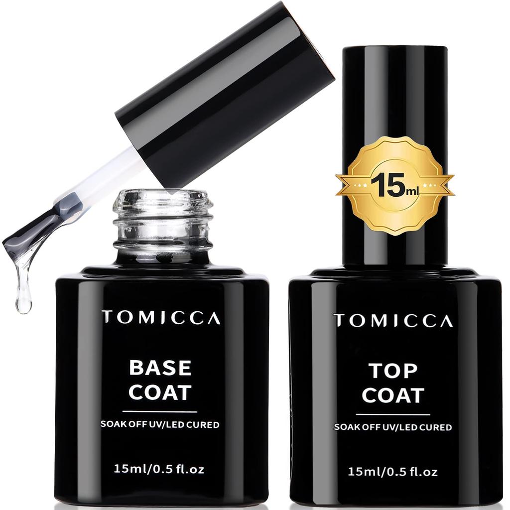 TOMICCA Gel Nail Top Coat and Base 15ml Large Compatible Coat, (2-Pack), No-Wipe, Capacity, UV/LED