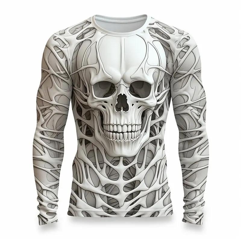 Creative Design 3D Skull Print Men's T-Shirt Autumn Daily Casual Long Sleeve Crew Neck Pullover Tees Oversize Breathable Clothes