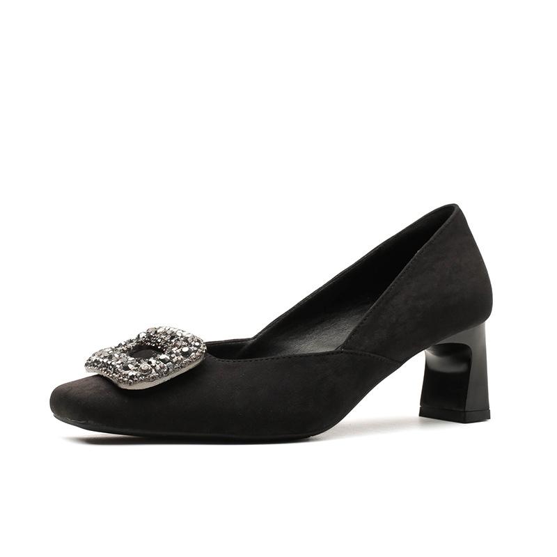 2169-1 Douyin Popular Women's Shoes Autumn and Winter Suede Thick Heel Square Head Comfortable Single Shoes Rhinestone Temperament Commuter High Heels