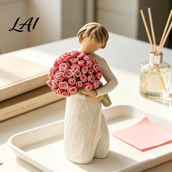 Decorative Bouquet Figurine Girl Holding Resin Figurine Faceless Lady Statue Romantic Desktop Ornament for Flower Statue Living Room Bedroom