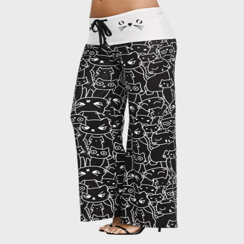 Pantaloni Casual Larghi da Donna alla Moda con Stampa di Gatti Cartoni Animati, Pantaloni Leggeri Estivi