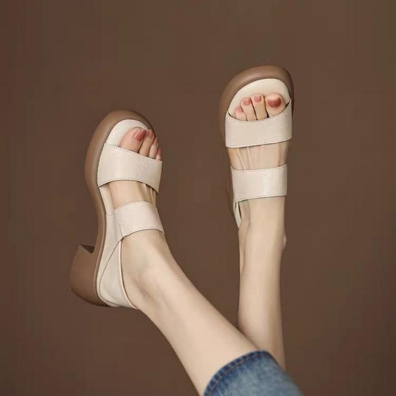 Retro Thick-soled Chunky Wedge Flip-flops for Women, Soft Leather Mid-heeled Peep-toe Shoes