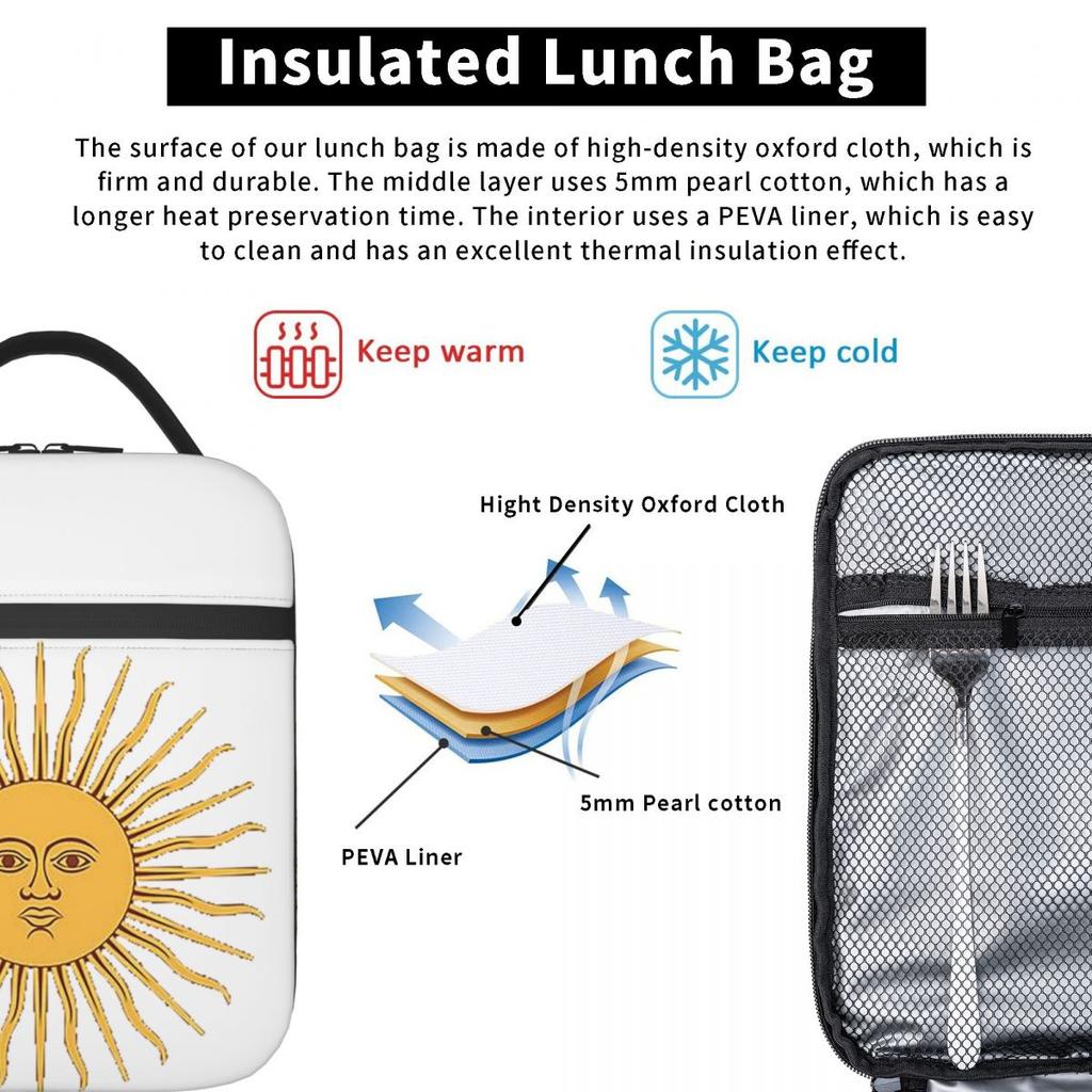 Sun Of May Flag Of Argentina Insulated Lunch Bag for Women Kids Portable Food Boxes Thermal Lunch Box Tote