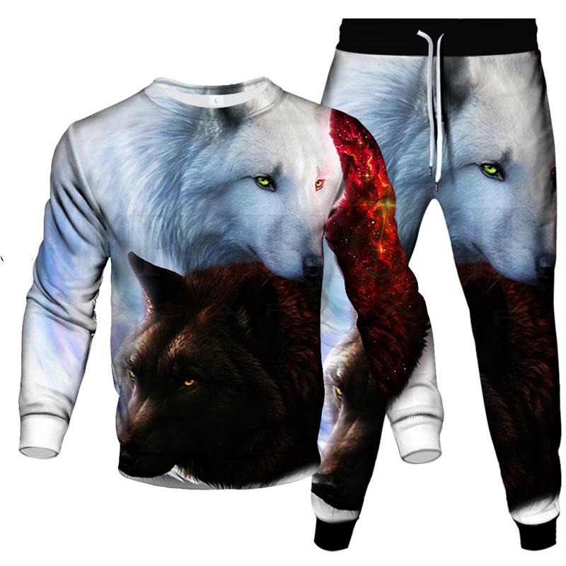 Spring Autumn Dazzle Wolf 3D Print Sportswear Set Casual T Shirt Pants 2-Piece Set Oversize Pullover Hip Hop Unisex Clothing