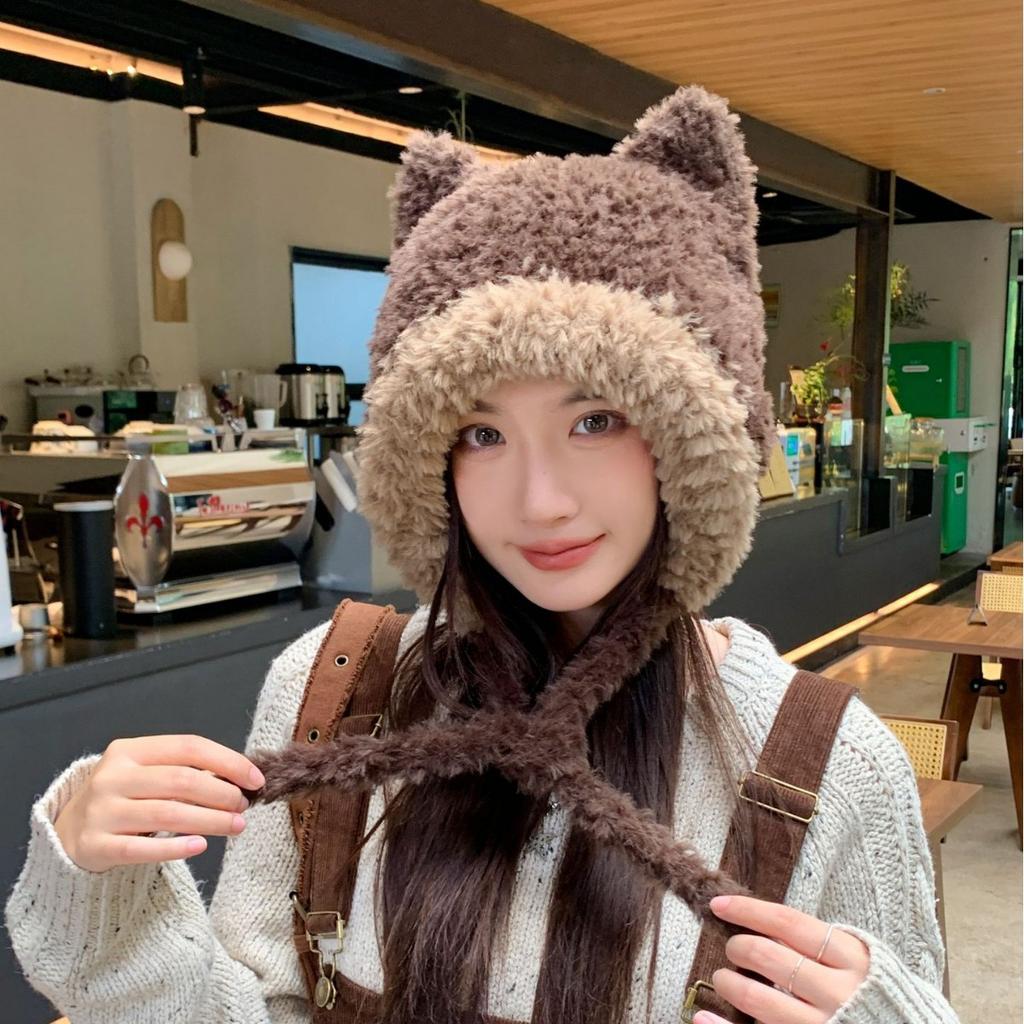 Bear Plush Knitted Hat Women'S Autumn And Winter Warm Versatile Ear Protection Wool Hat Showing Face Small Casual Cute Bald Hat