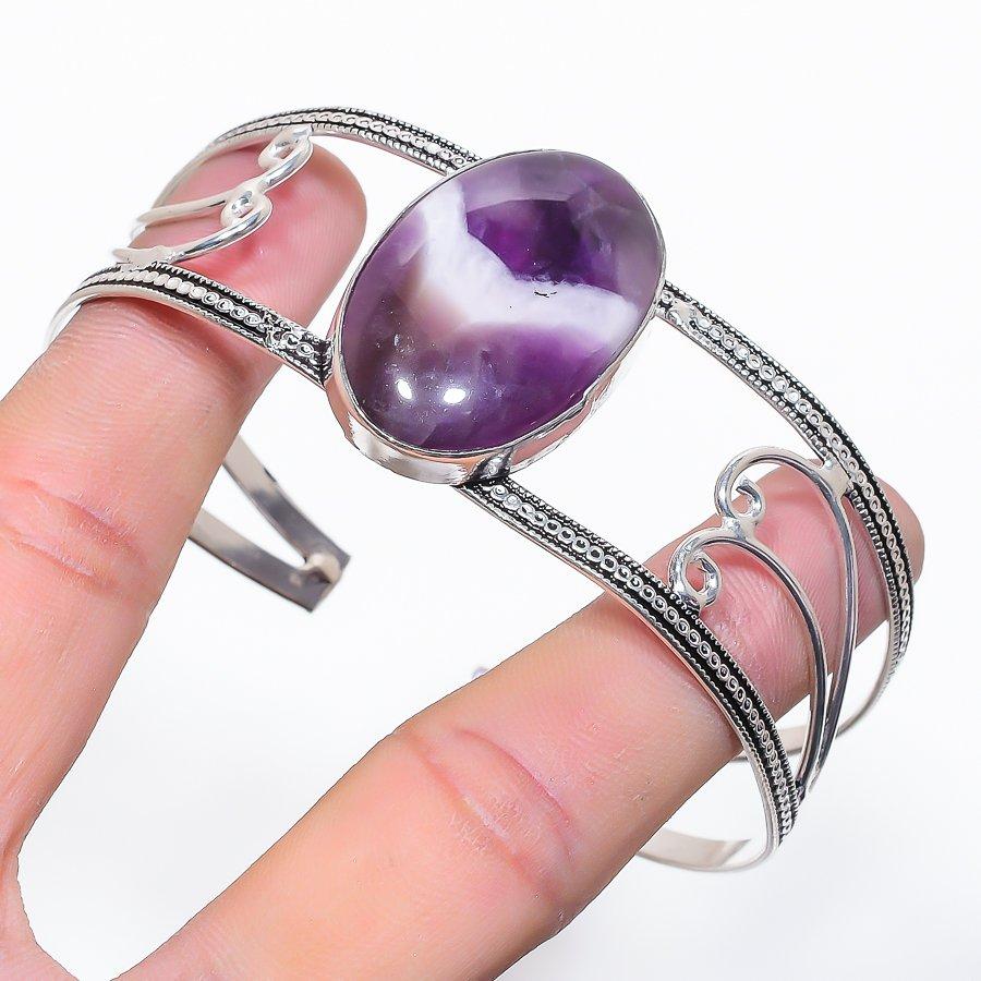 Natural Chevron Amethyst Gemstone 925 Sterling Silver Cuff Bangle Adj E3i78