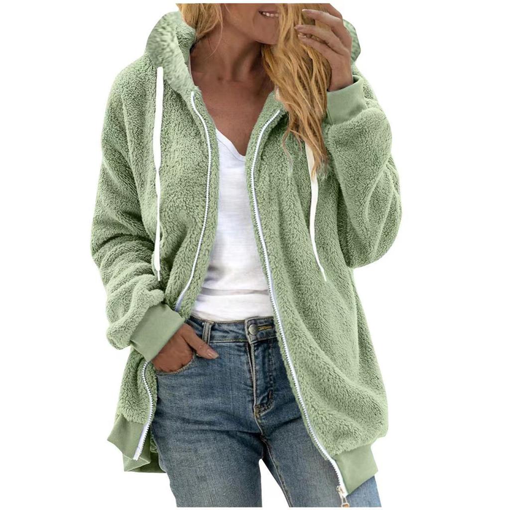 Women's Fashionable Plush Zipper Solid Color Pocket Hooded Long Sleeved Loose Warm Jacket