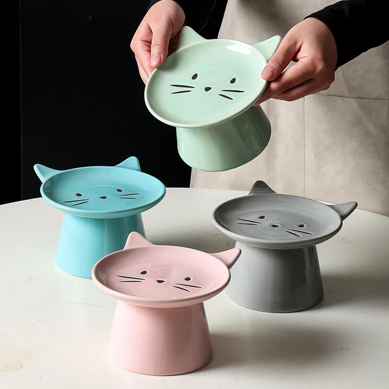 Ceramic Cat Shape High Footed Bowls for Pet Cervical Vertebra Protection Drinking Food Plate Large Caliber Cat Bowl Supplies 1Pc