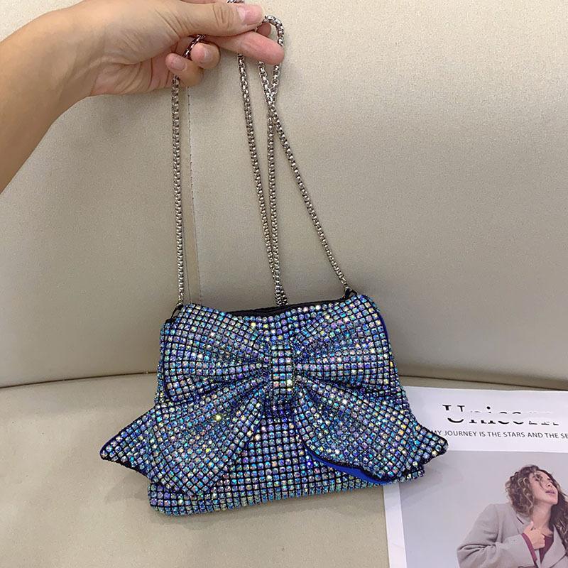 Fashion shiny rhinestone big bow lady socialite elegant light luxury dinner portable messenger bag синий