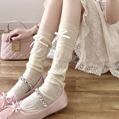 Ice Silk Calf Socks for Women | Summer Sweet Bowknot Slouch Socks - Thin White Lace Ballet-Style Knee-High