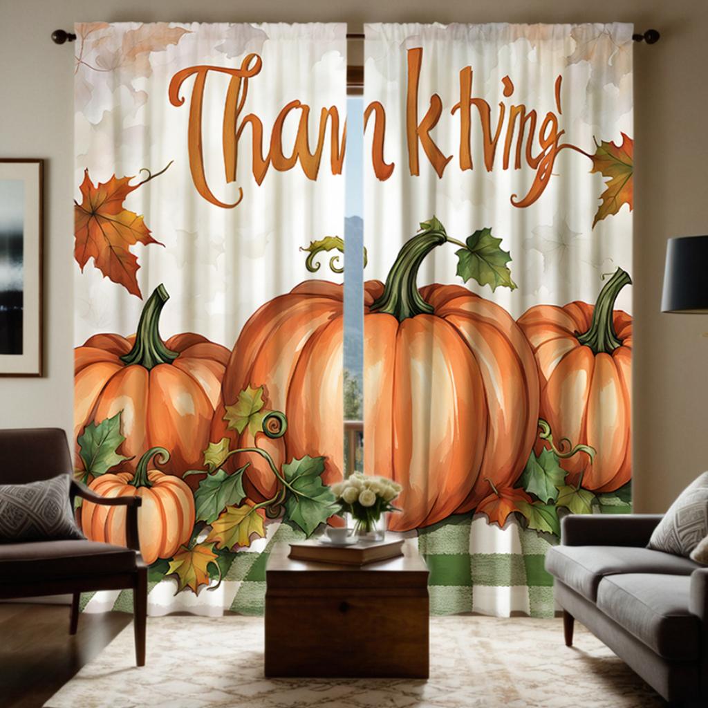 2 Stück HD Thanksgiving Orange Kürbis dekorativer Vorhang Orange digital bedruckter Vorhang Heimdekoration Stil Dekoration Wohnzimmer