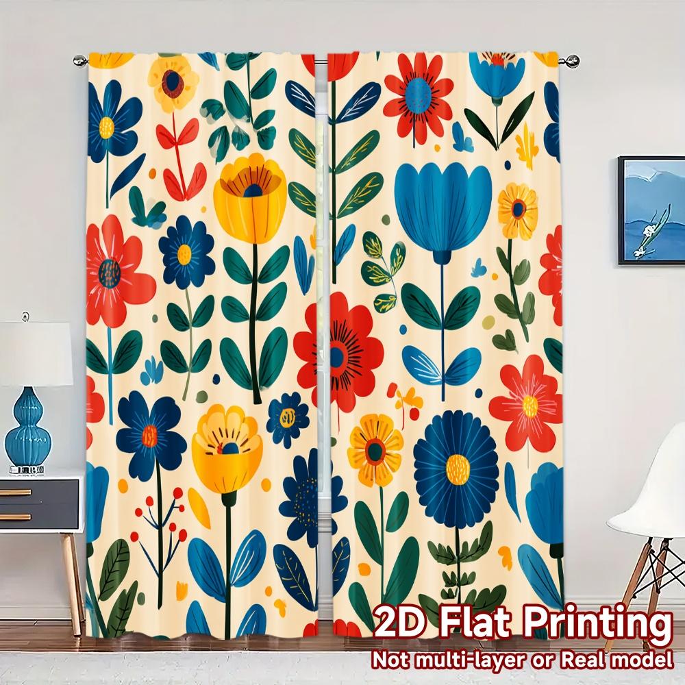 

Set Of 2 Flat Printing Jit Curtains Without Rod Floral Whimsy Chic Curtain Durable Polyester Versatile All Use Made W100*H70(CM)-Hooks&2PCS
