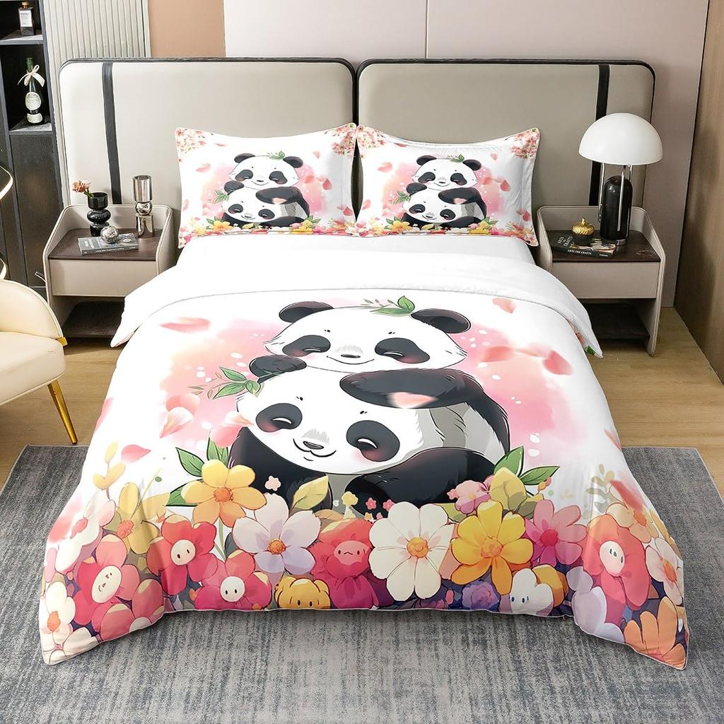 Husă de plapumă 3D Panda Mărime Queen Husă de plapumă drăguță cu panda Set de lenjerie de pat cu bambus Husă de plapumă pentru copii băieți fete adolescenți 3 piese