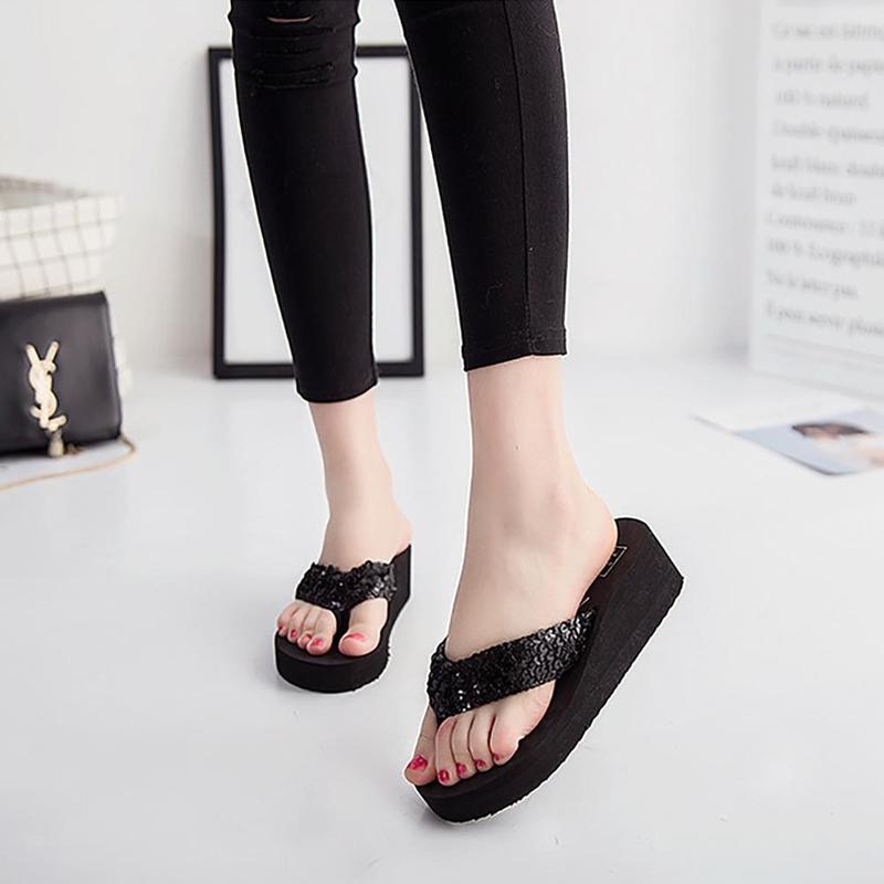 2024 Women Summer Sequins Flip Flops Woman Beach Bohemian Slippers Ladies Platform Mid Heels Shoes Sapato Feminino 785kj