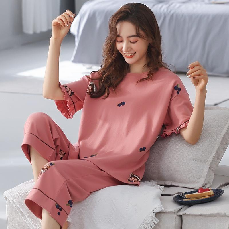 

Летняя пижама из хлопка Домашняя одежда Женская круглая горловина свитер повседневный удобный пижамный комплект из девяти брюк 3XL