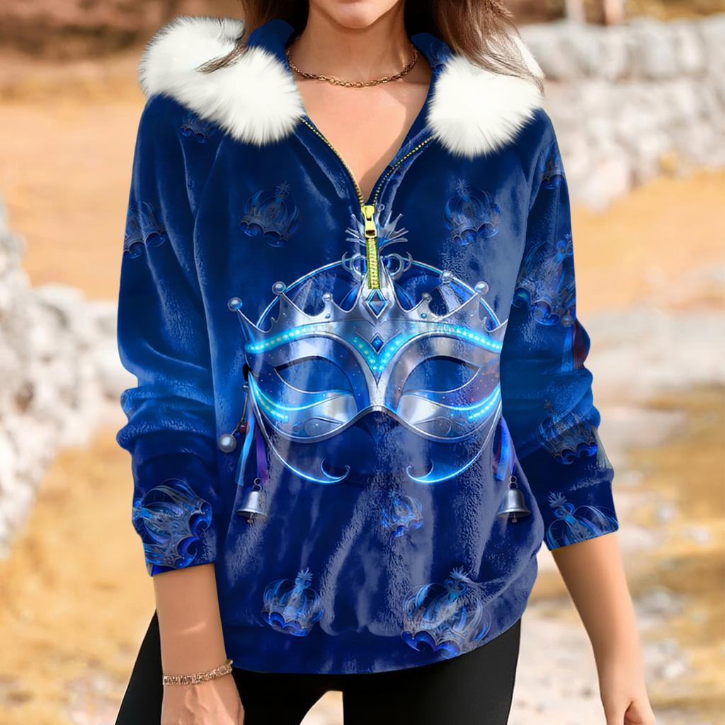 Damen Lockerer Und Bequemer Lässiger Mode Halb-Reißverschluss Kapuzenpullover Langarm Karnevals-Print Oberteil