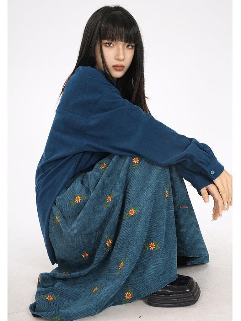 Vintage Brown Velvet A-Line Midi Dress Autumn Floral Embroidery Korean Style Over-Knee Long Dress