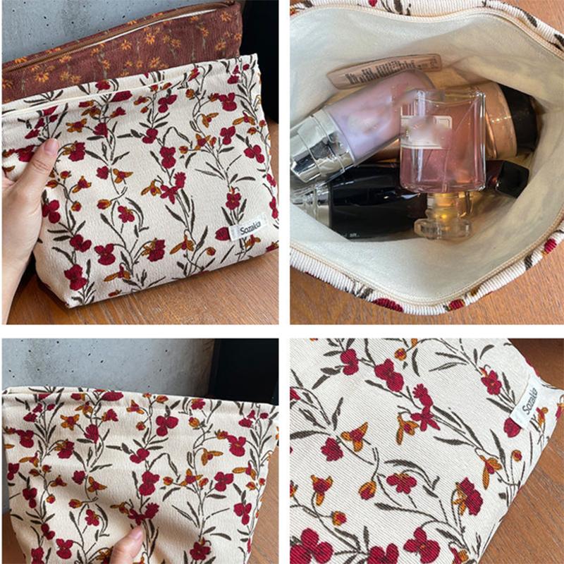 Makeup Bag for Women Portable Corduroy Vintage Flower Travel Wash Mobile Phone Storage Bag Girl Make Up Case Pouch