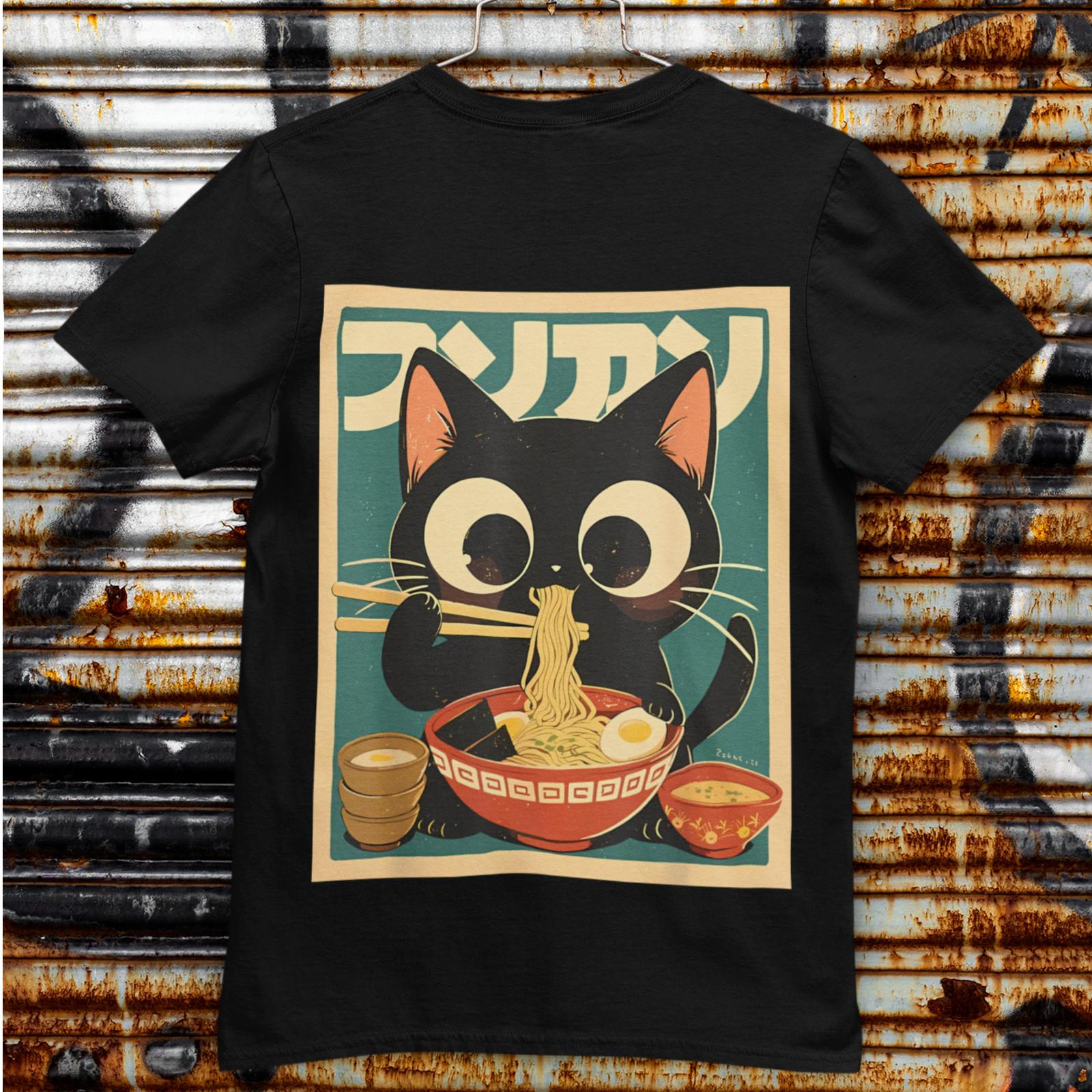 Cute Black Cat Eating Ramen Shirt Kawaii Anime Japanese Food Tee Back Print XXL