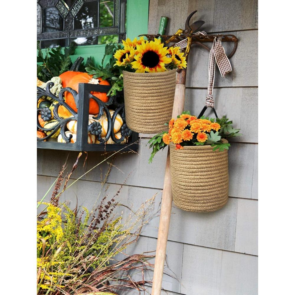 Goodpick 2pack Jute Hanging Basket - Small Woven Fern Hanging Rope Basket Flower Plants Wall Basket Decor Set Boho, 7.87 X 7 X 11.7 Inches