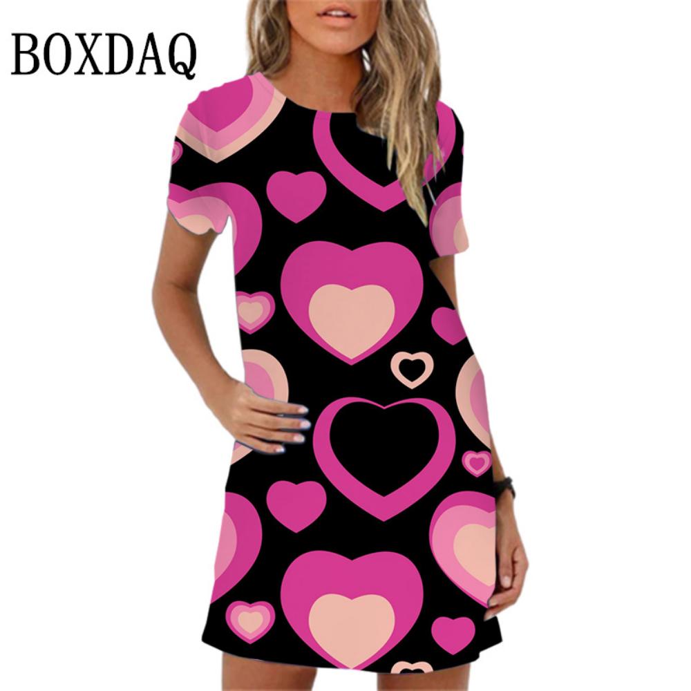 Elegantes Mini-Kleid mit süßem Liebesmuster-Print für Damen und Mädchen, kurzärmliges Sommerkleid, 2026 Neue Frühlingskleidung, Oversize-Sonnenkleid