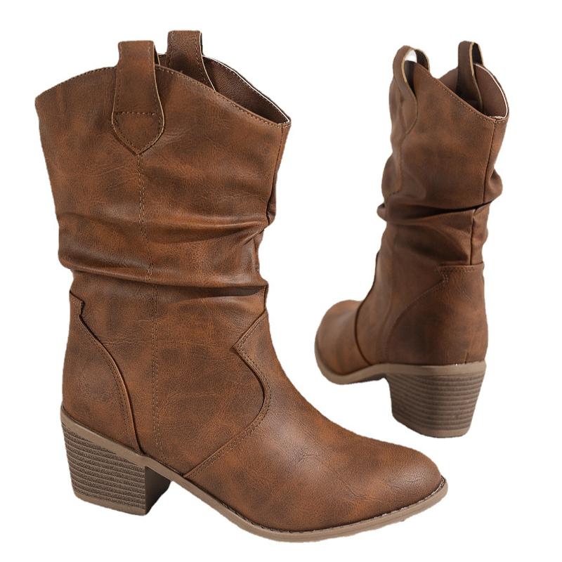 Fashion Western Cowboy Boots for Women Spring Autumn Retro Pointed Toe Thick Heels Ruffled PU Leather Mid-Calf Boots Woman Shoes