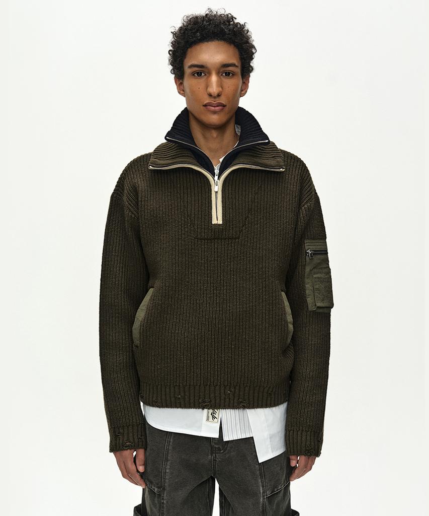 ADSB ANDERSSON BELL Double Layered Quarter Zip-Up Sweater (Khaki/Black)
