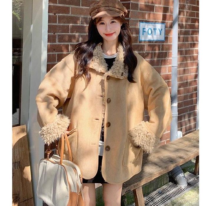 

Экологичная двусторонняя байкерская куртка из овечьей шерсти: Женское пальто из толстой замши, на меху, свободного кроя, для осени/зимы L