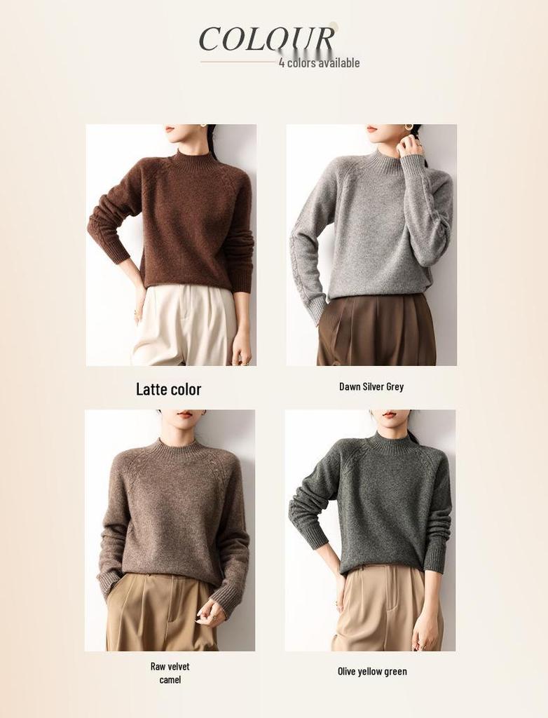 Women's Yak Wool Cable Knit Sweater, Autumn 2026, Half-High Neck, Elegant Style, Solid Color, Thick Pullover Sweater