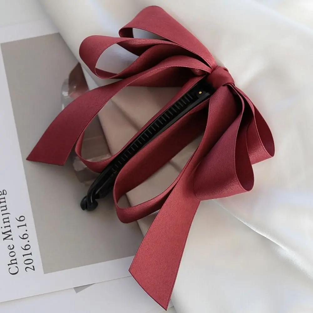 

Silmple High Ponytail Fixed Ribbon Vertical Clip Satin Bowknot Banana Clip Bow Headwear Korean Style Hair Clip Girls Hairpin вина червоного кольору