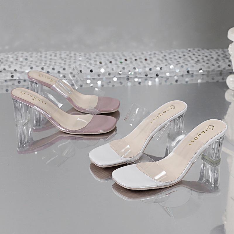 2025 Summer New Korean Version Transparent Belt Women's Sandals Thickened One-word Thick Heel High Heel Women's Shoes Ins Outer Slippers