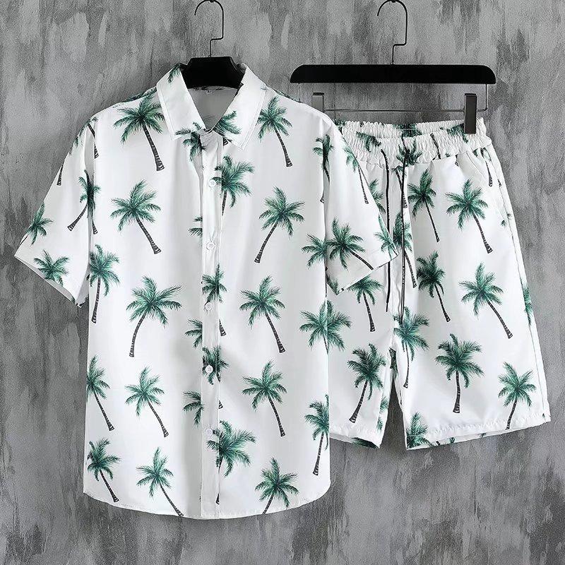 Hawaii Summer Men's Loose Large Size Beach Shirt Suit Vacation Casual Fashion Trendy Short-sleeved + Shorts