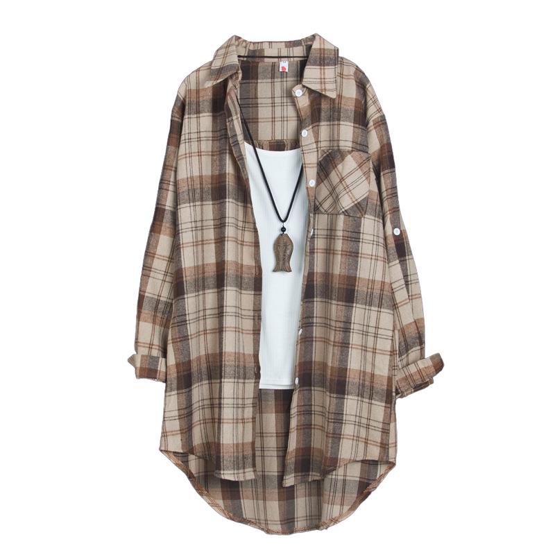Damen Cross-Grid Baumwoll-Leinen Hemdjacke - Frühling Locker, Große Größen, Mittellang, Asymmetrischer Saum
