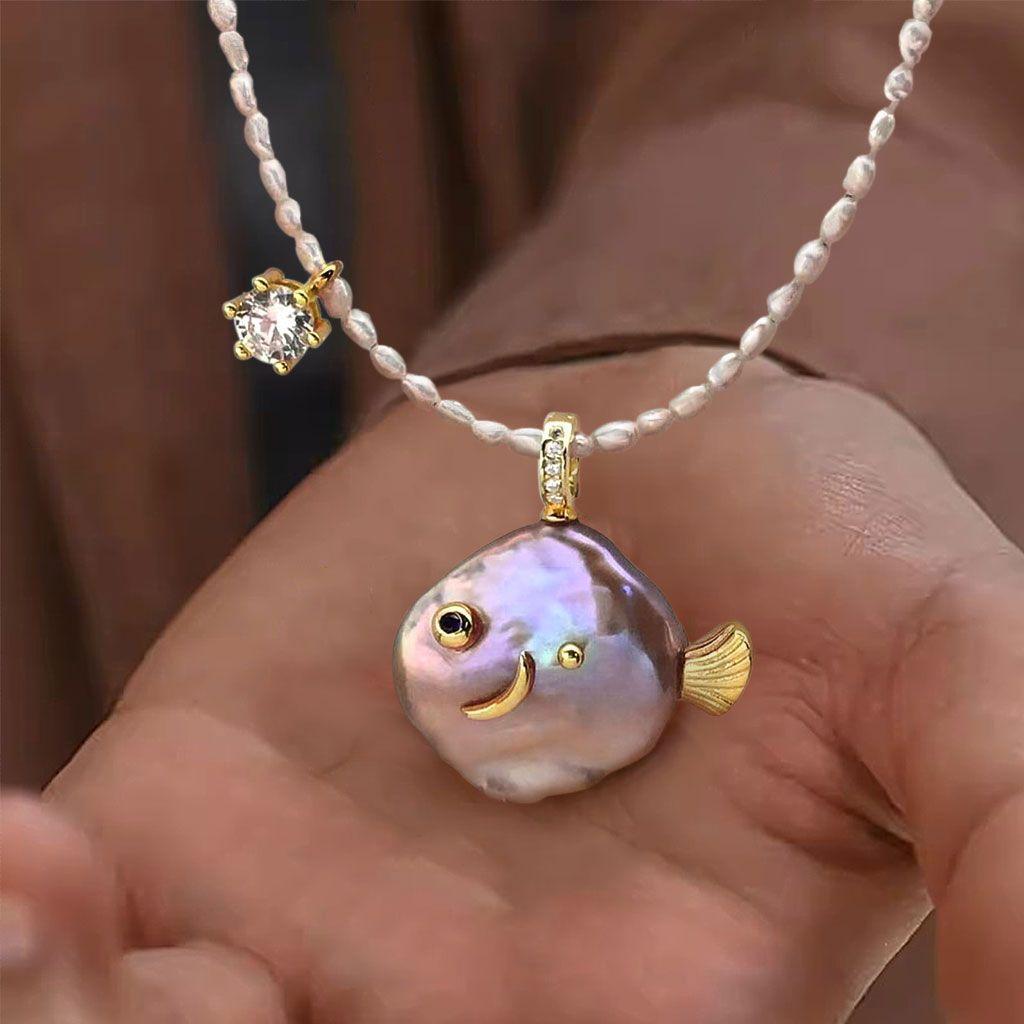 Ocean Natural Pearl Series Pendant Cute Pearl Fish Zircon Pendant Necklace